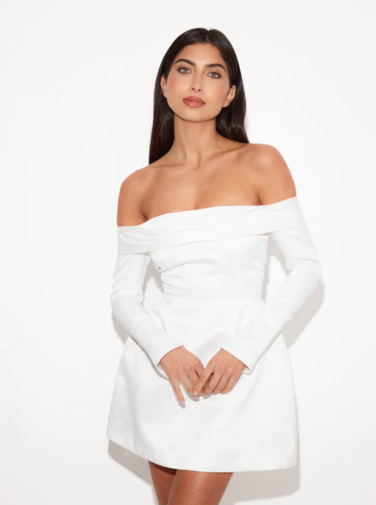 Saten Bardot Mini Elbise | Beyaz