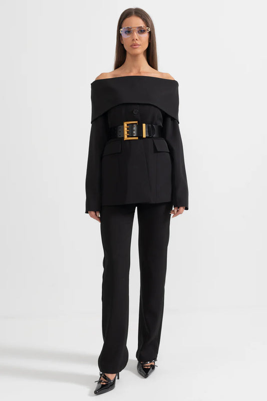 Cut Out Shoulder Jacket and Pants - Black