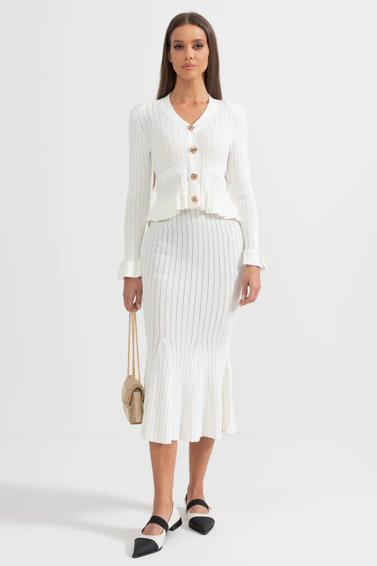 Ruffled Jacket &amp; Flared Skirt Knit Matching Set - White