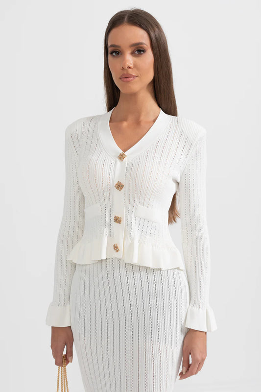 Ruffled Jacket &amp; Flared Skirt Knit Matching Set - White