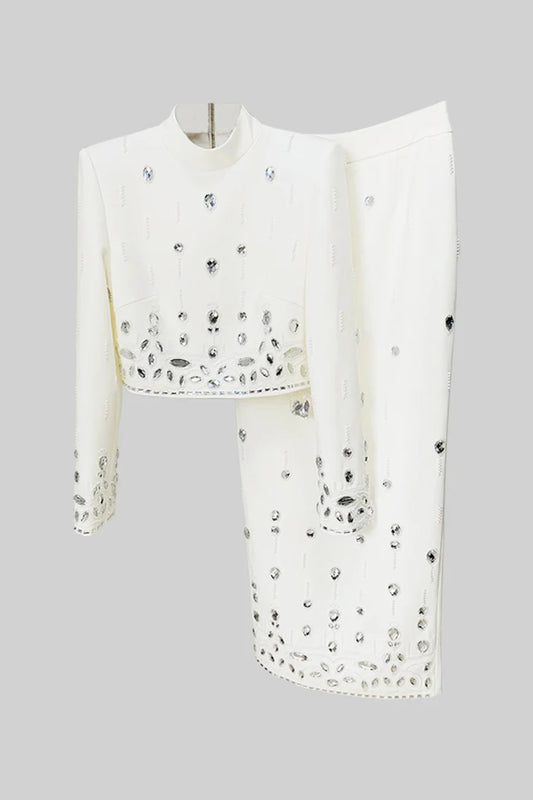Diamond Embellished Co-Ord with Maxi Skirt - White