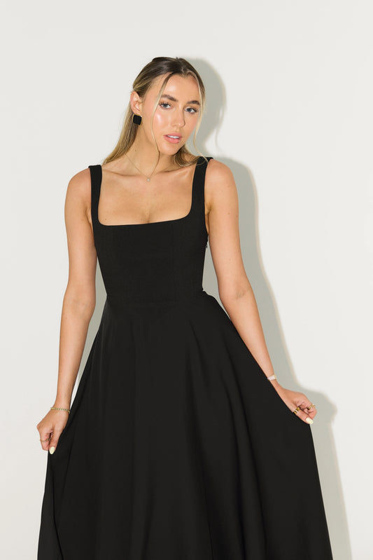High Waist Square Neck Midi Dress | Black
