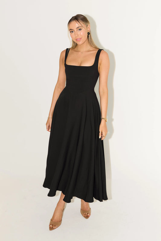 High Waist Square Neck Midi Dress | Black